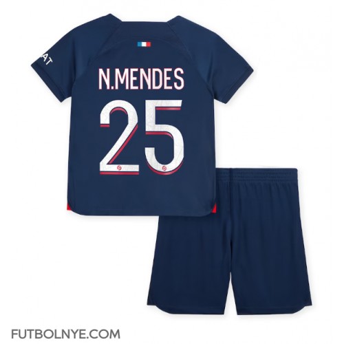 Camiseta Paris Saint-Germain Nuno Mendes #25 Primera Equipación para niños 2023-24 manga corta (+ pantalones cortos)